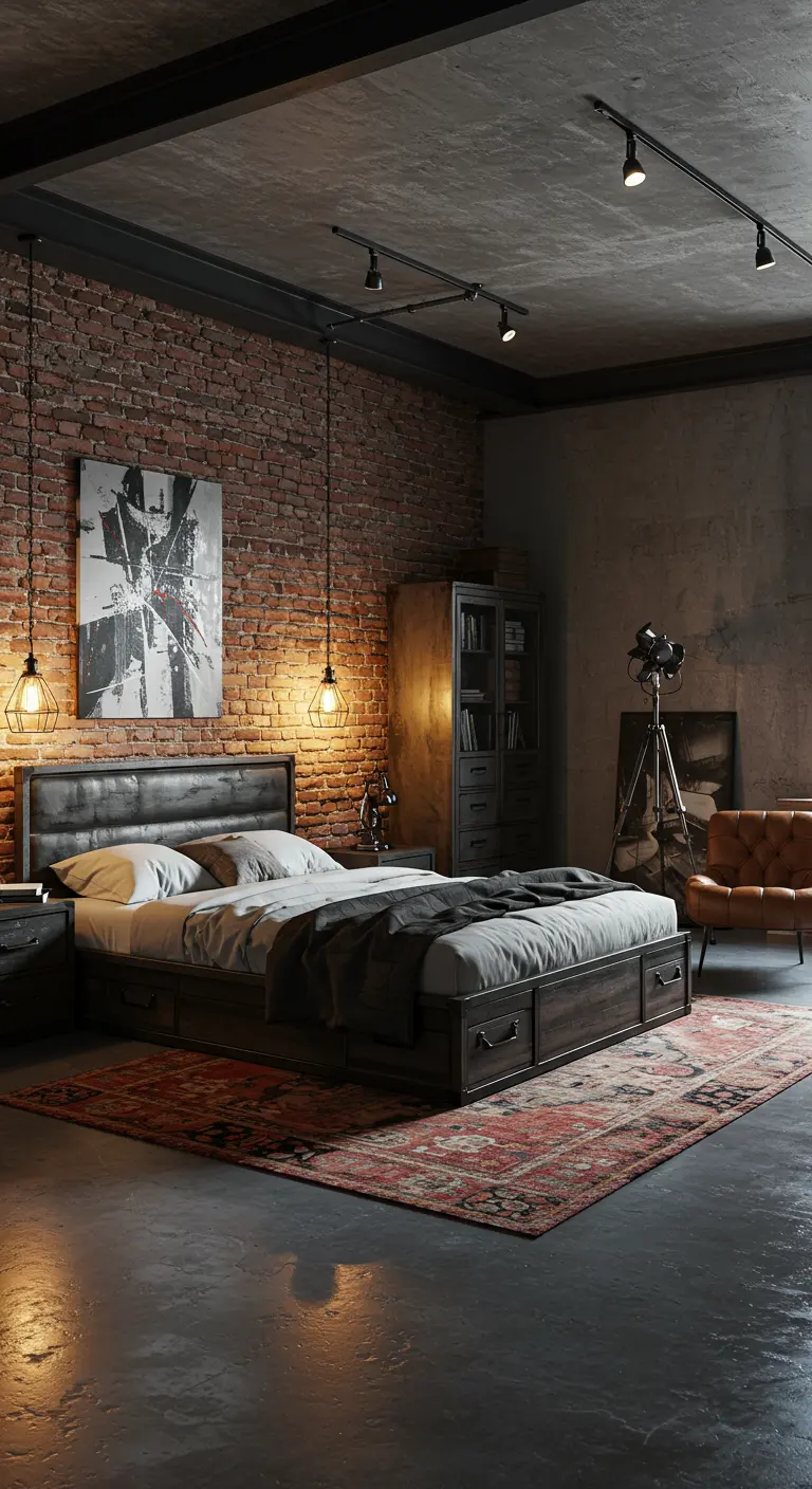 Industriële slaapkamer met bakstenen muur, donker houten bed en warme verlichting.