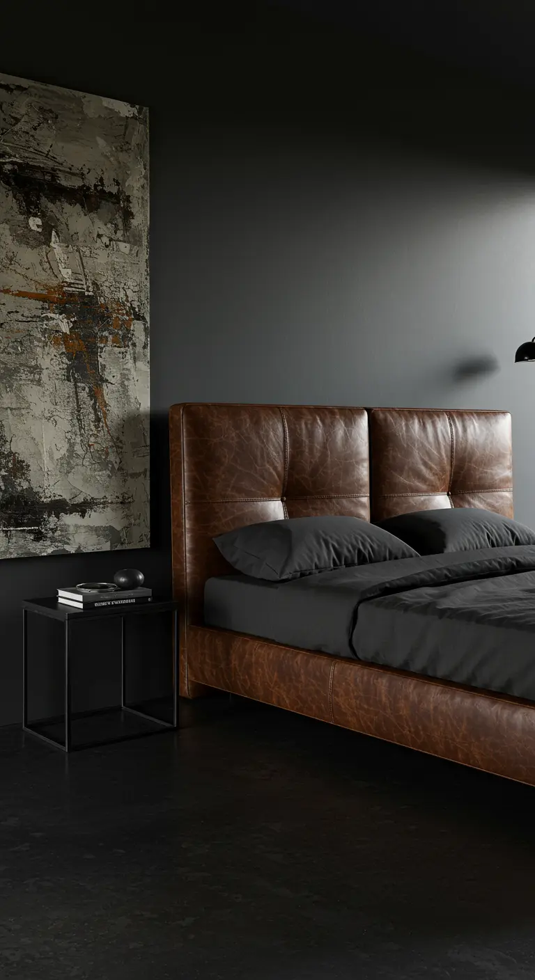 Donkere slaapkamer met bruinleren hoofdbord en groot abstract schilderij.