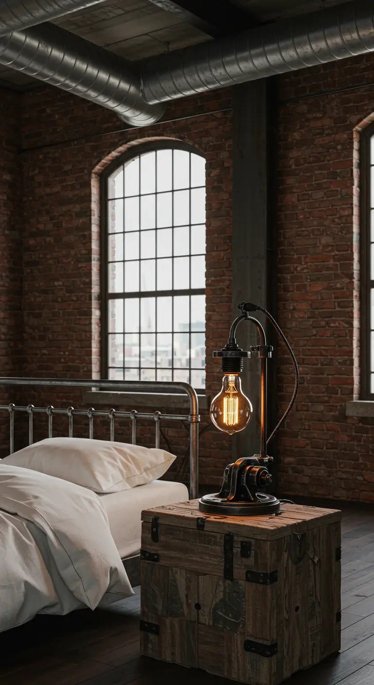 Industriële tafellamp met Edison-peer op een oude houten kist naast een bed in een loft-stijl slaapkamer.