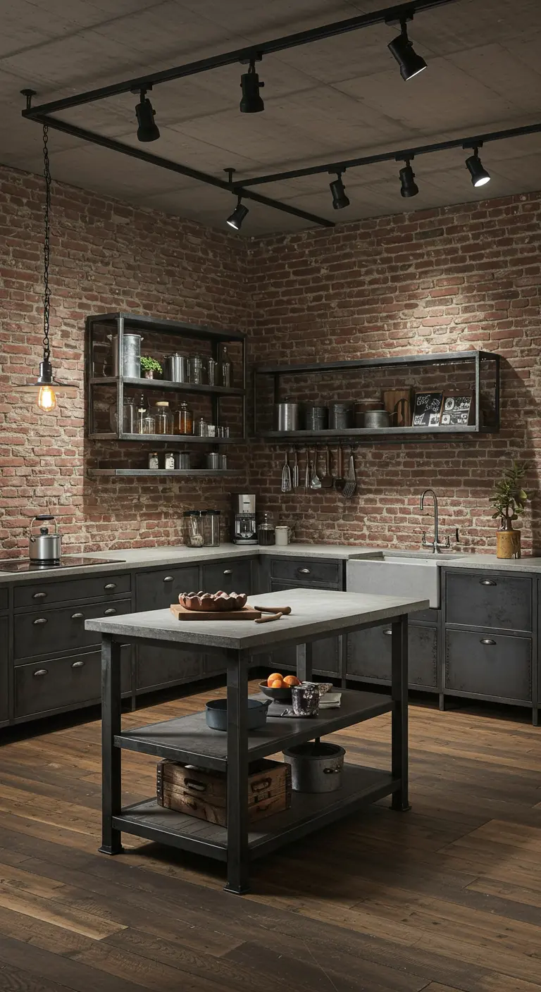 Industriële keuken met matgrijze kasten, bakstenen muur en metalen eiland.