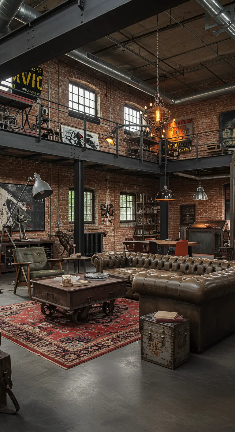 Industriële loft-achtige woonkamer met bakstenen muren, leren bank en metalen accenten.