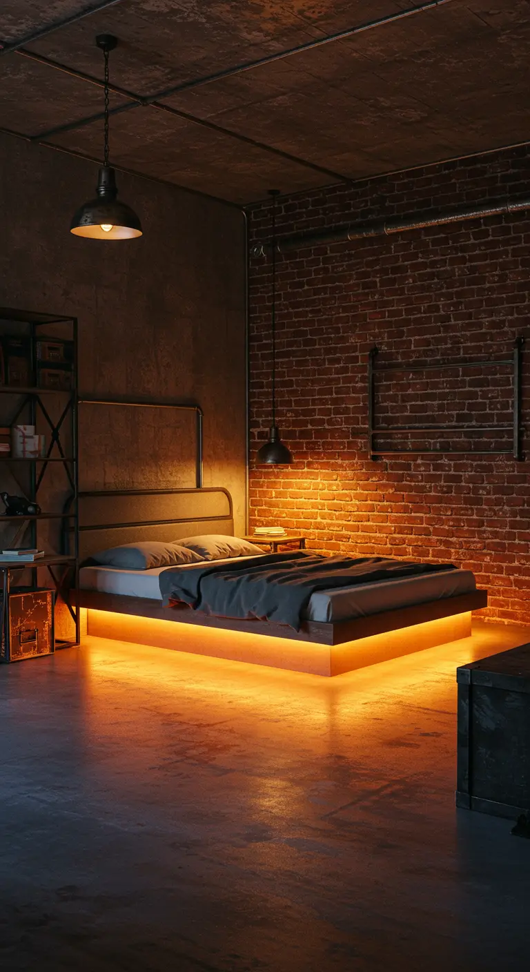 Industriële slaapkamer met metalen bed, bakstenen muur en warme oranje LED-verlichting eronder.