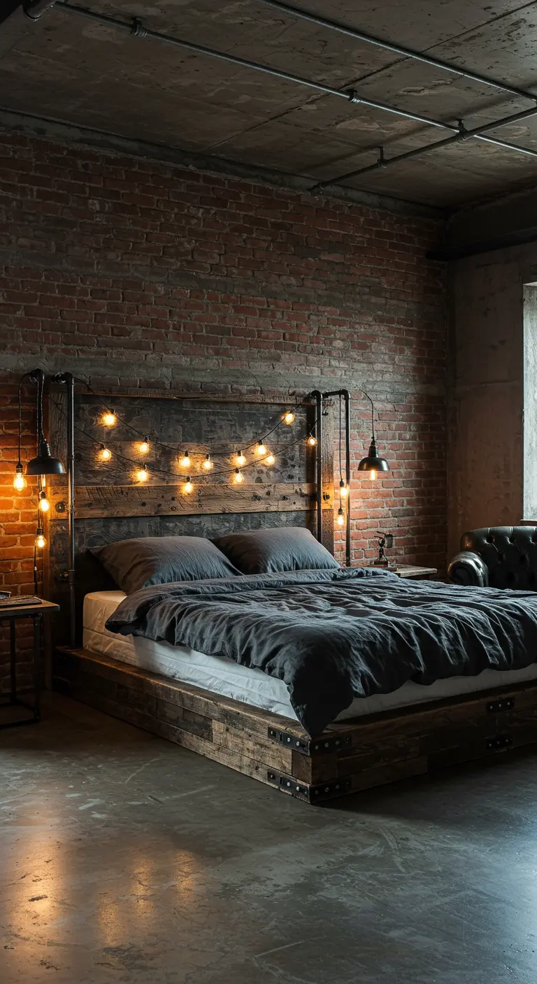 Industrieel houten bedframe met metalen details en lichtsnoer tegen bakstenen muur.