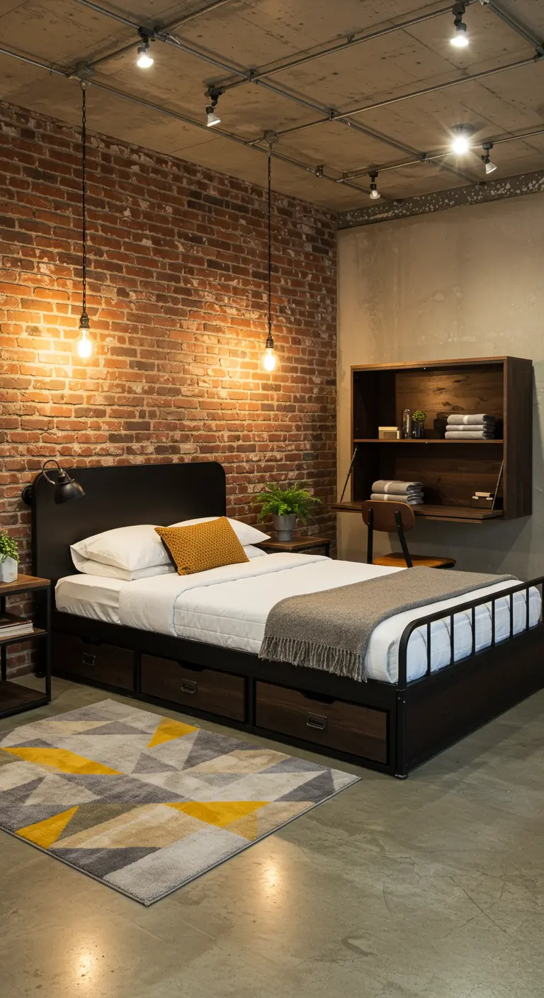 Industriële logeerkamer met bakstenen muur, metalen bed en opklapbaar wandbureau.