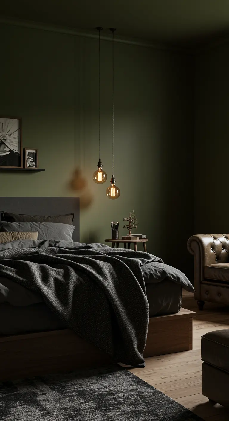 Donkergroene slaapkamer met minimalistische peertjes als hanglampen.