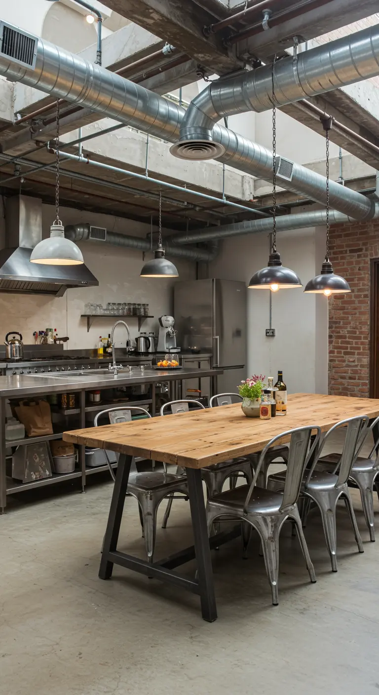 Industriële open keuken en eethoek met metalen stoelen en zichtbare ventilatiebuizen.