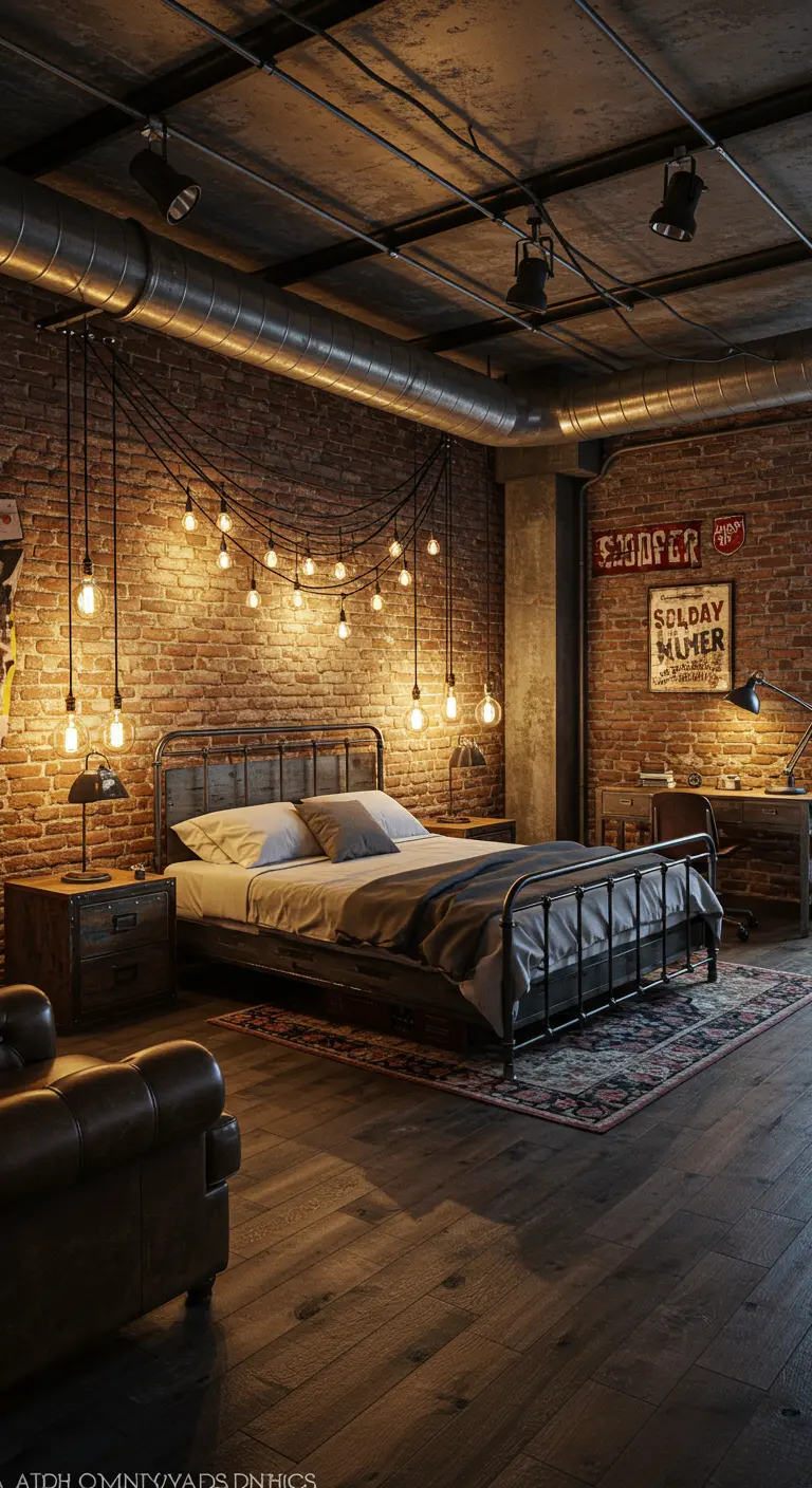 Industriële slaapkamer met bakstenen muur en hangende peertjes als sfeerverlichting.