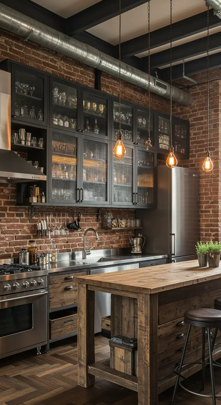 Industriële keuken met bakstenen muur, zwarte glazen kasten en houten eiland.