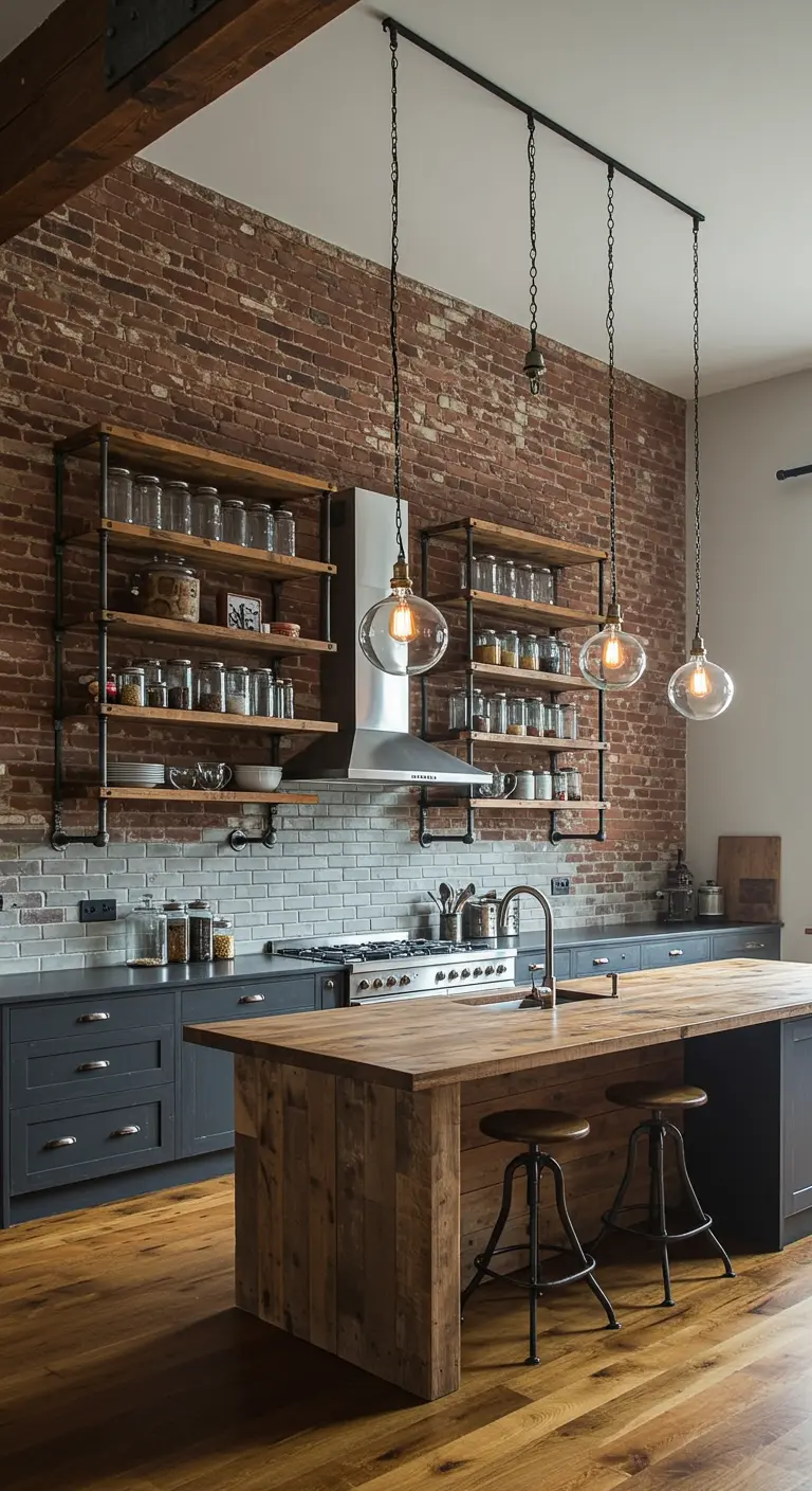 Industriële keuken met bakstenen muur en open metalen planken vol voorraadpotten.