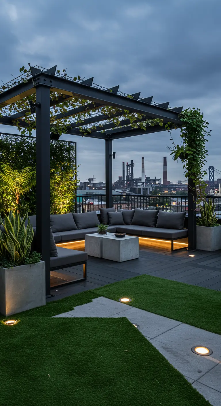 Industriële daktuin met zwarte pergola, kunstgras, grijze tegels, verlichting en stadsgezicht.