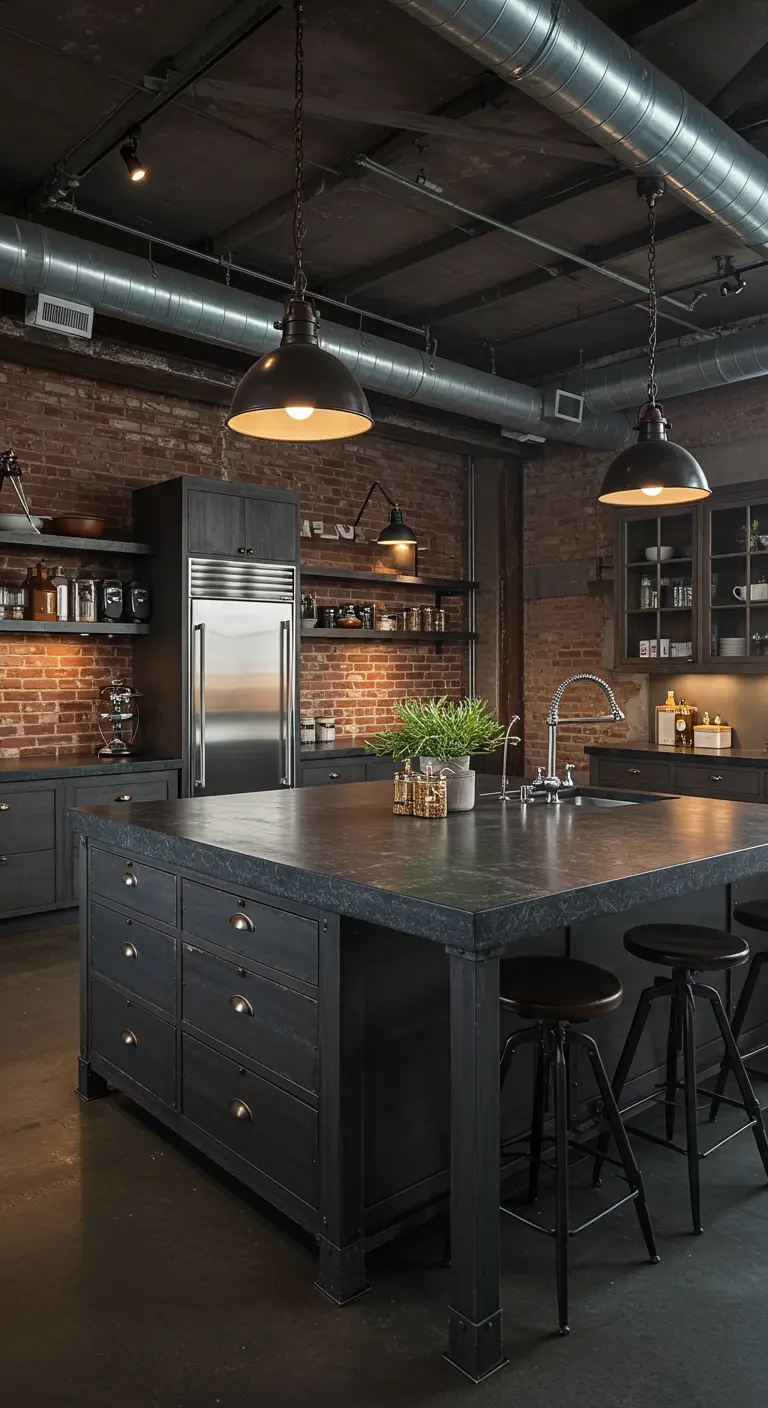 Industriële keuken met bakstenen muur, donkergrijs en een groot donker natuurstenen eiland.
