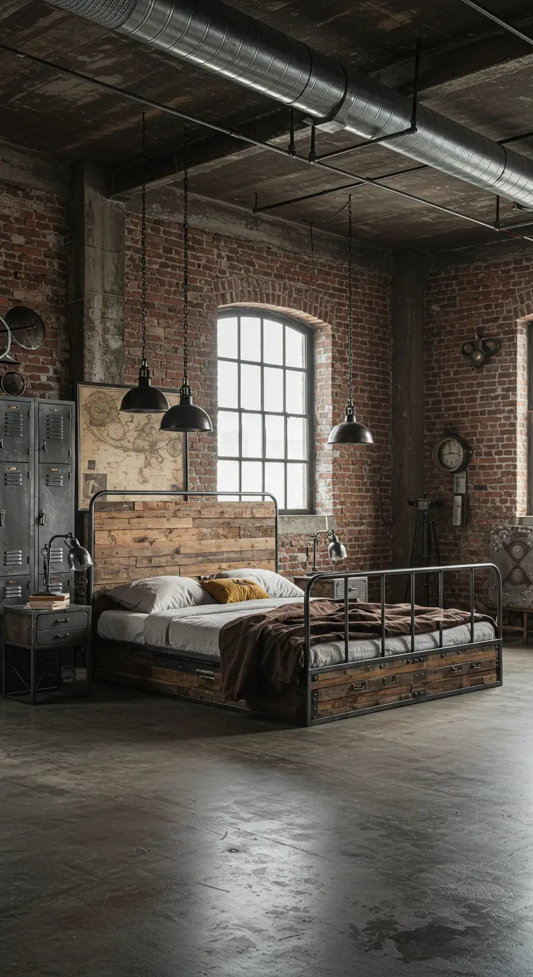 Industriële slaapkamer met bakstenen muur, metalen bedframe en fabrieks hanglampen.