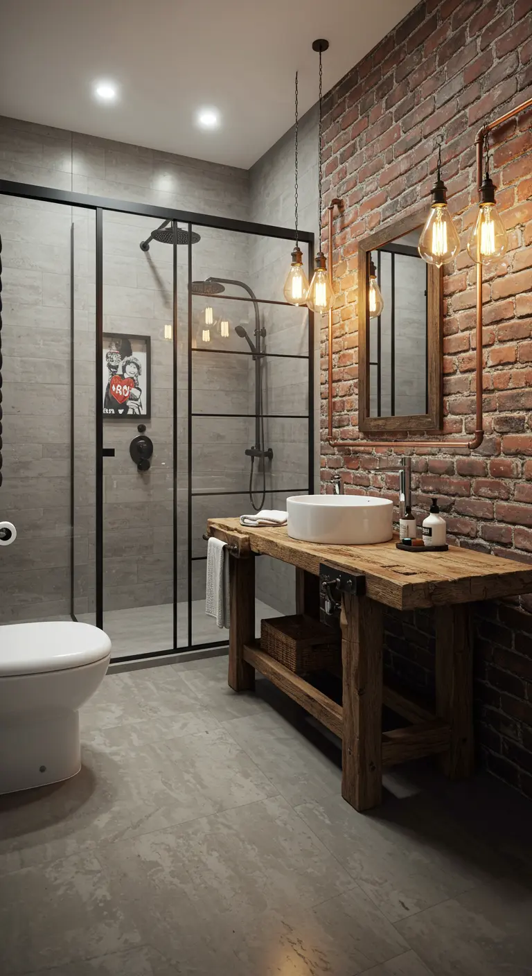 Industriële badkamer met bakstenen muur, houten wastafelmeubel en zwarte douchewand.