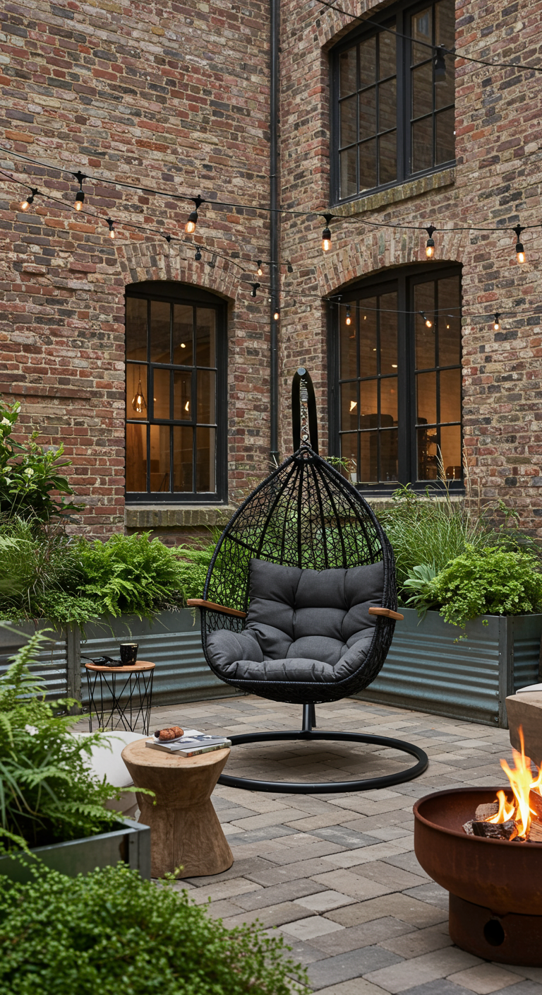 Zwarte hangstoel op industrieel terras met bakstenen muur, vuurkorf en lichtsnoer.