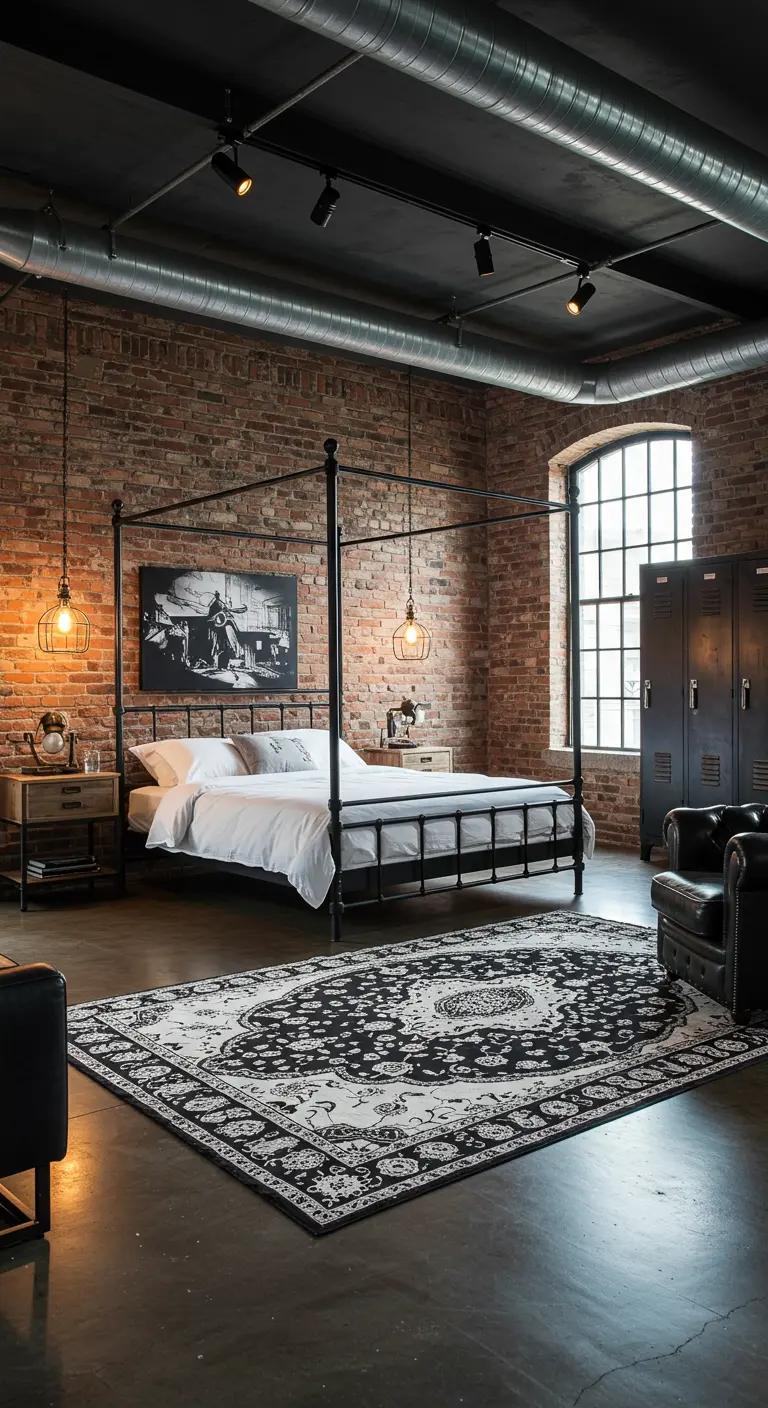 Industriële slaapkamer met bakstenen muur, metalen hemelbed en zwart-wit tapijt.