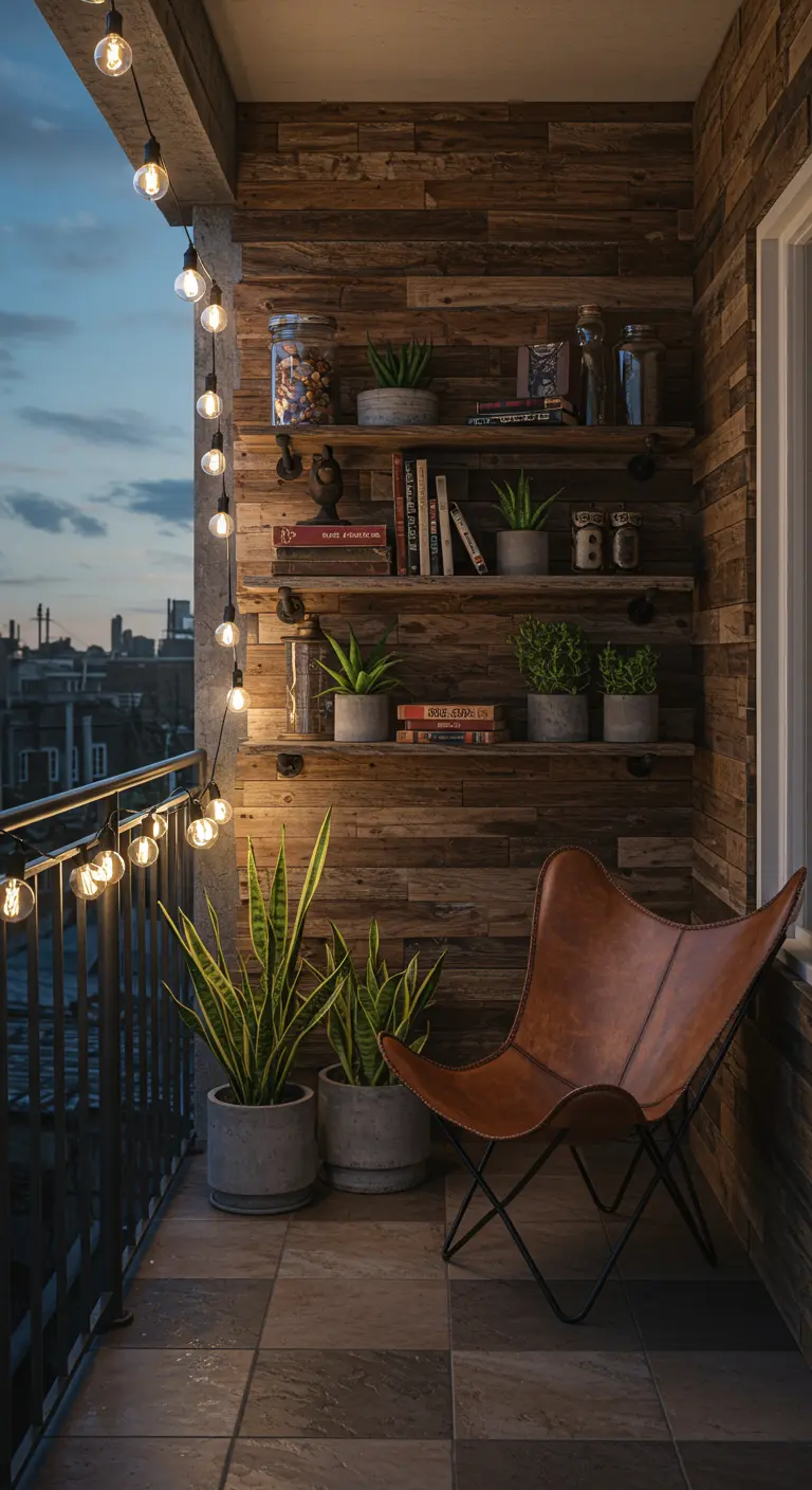 Balkonmuur met rustieke houten planken, boekenplanken en leren vlinderstoel.