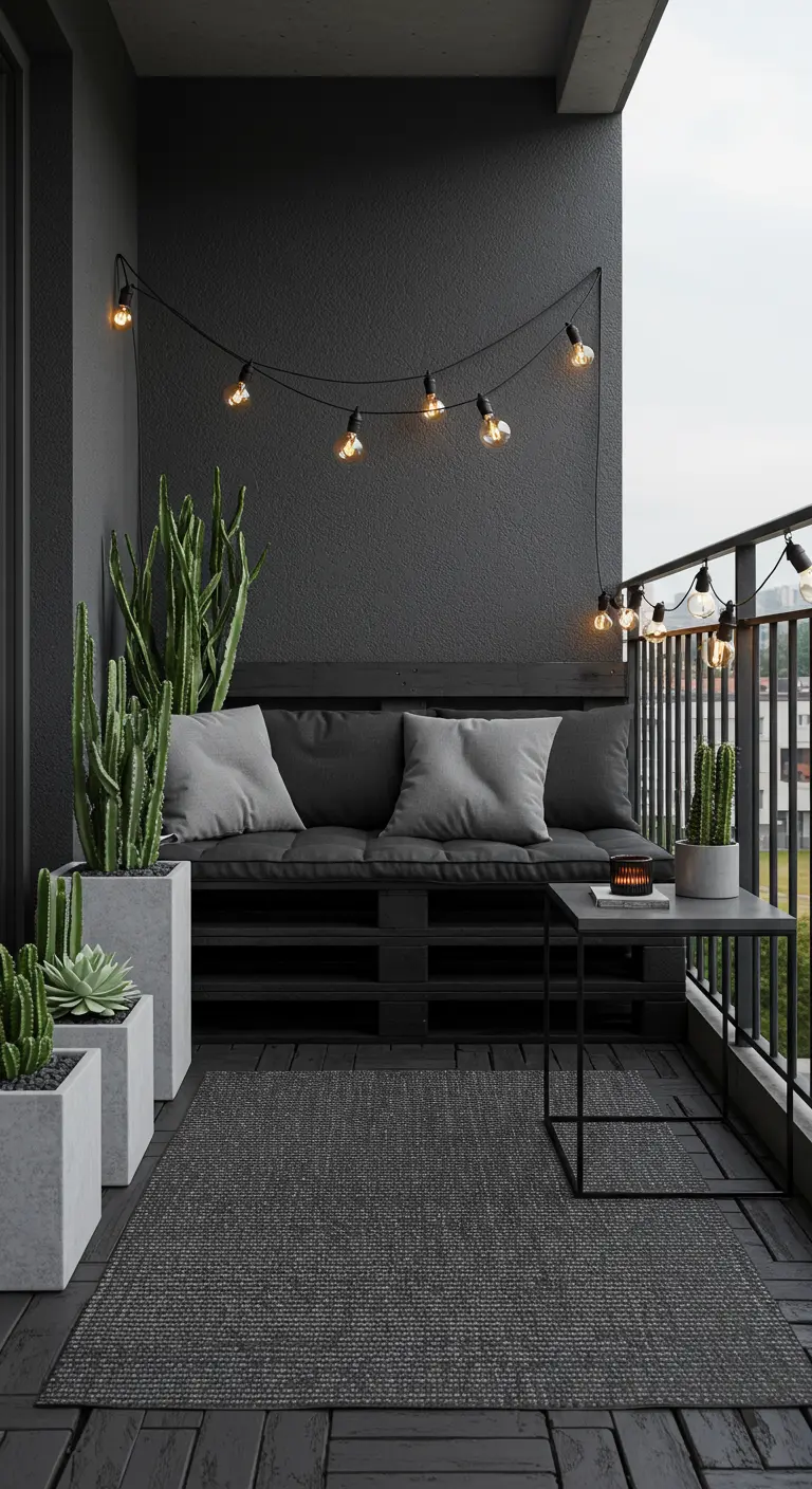 Modern zwart balkon met palletbank, grijze kussens, cactussen in strakke potten en industriële lichtslingers.