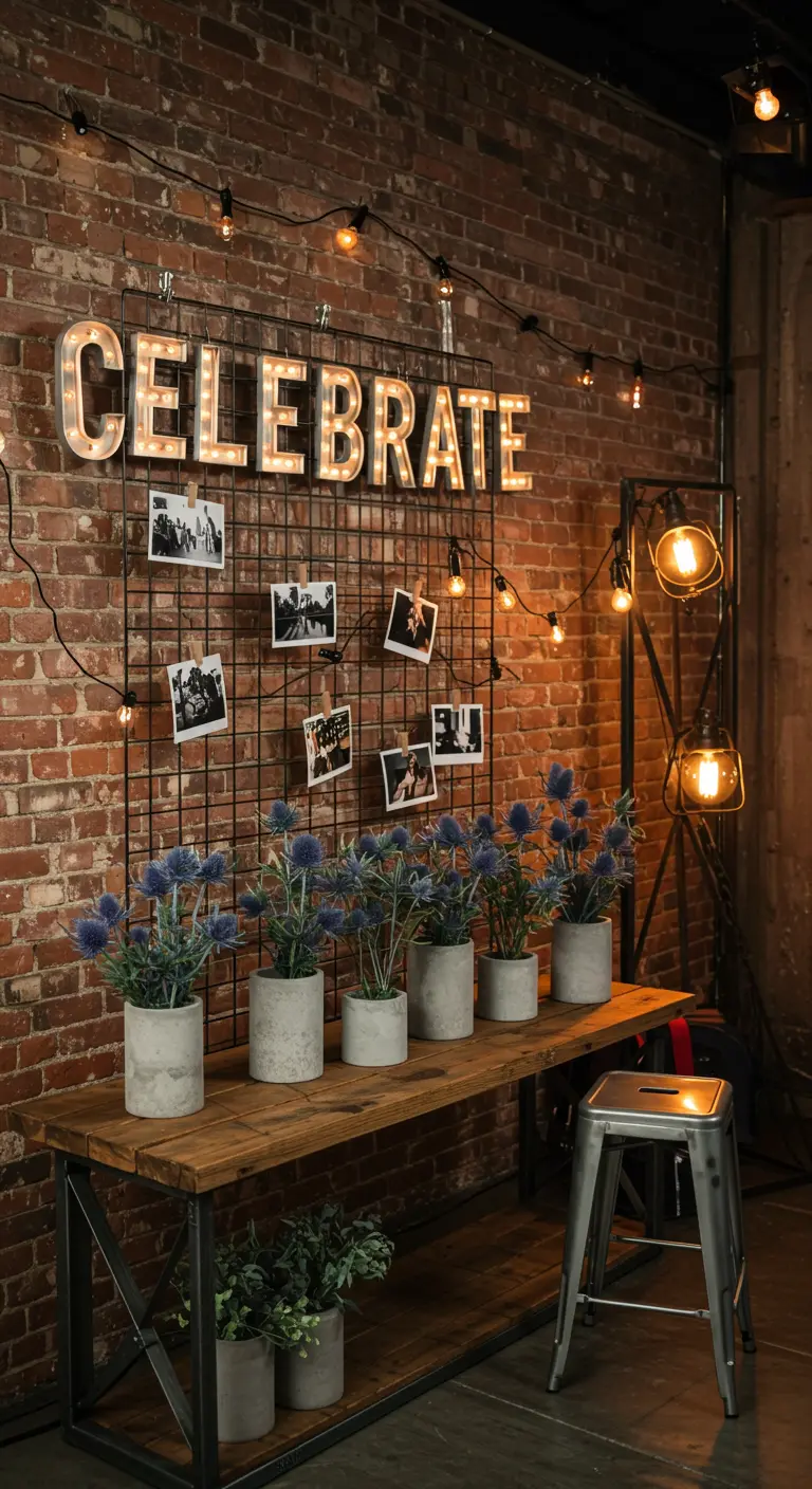 Industriële verjaardagshoek met bakstenen muur, 'CELEBRATE' lichtletters en metalen fotorek.