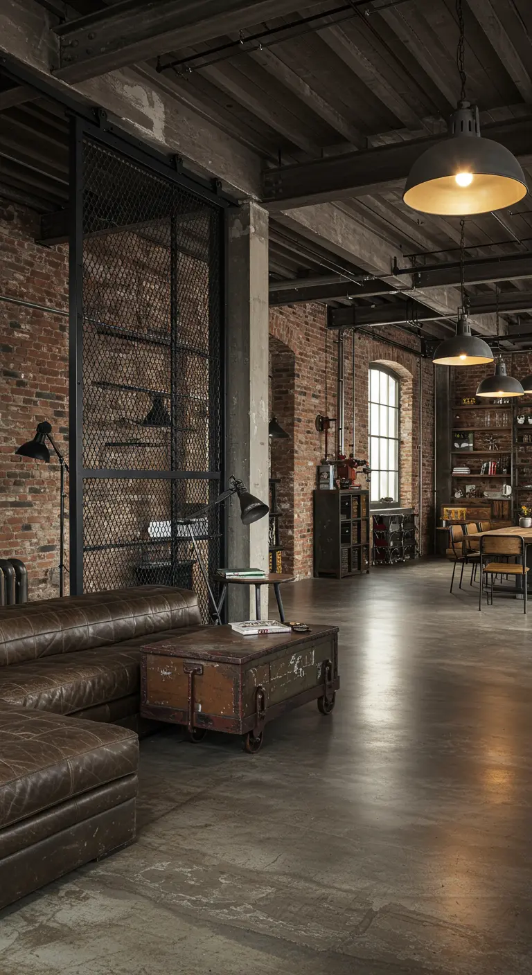Industriële schuifdeur van zwart metaalgaas in een loft-achtige ruimte met bakstenen muren.