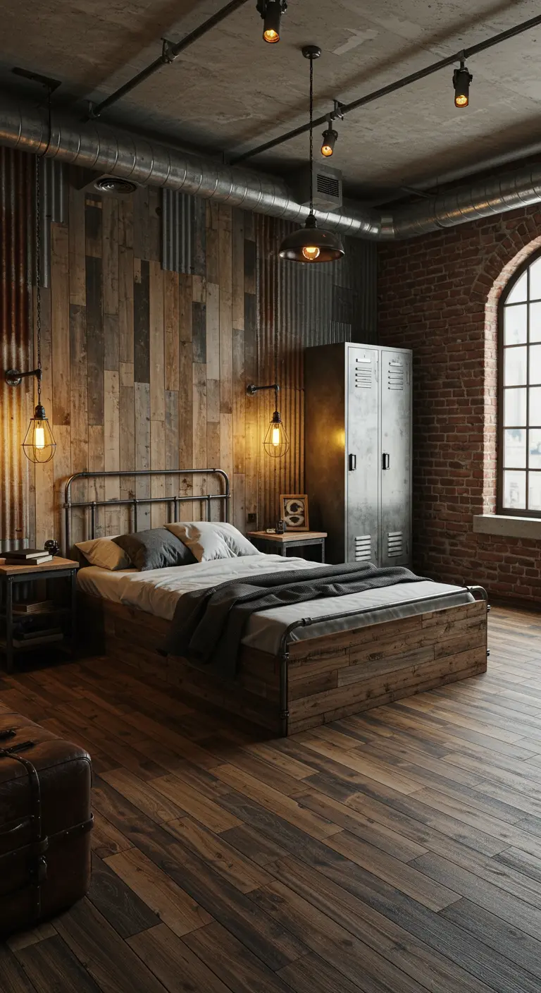 Industriële slaapkamer met houten accentmuur, metalen bed en bakstenen elementen.