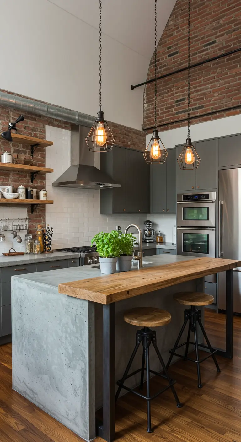 Industriële keuken met betonnen kookeiland, houten barblad, bakstenen muur en metalen barkrukken.