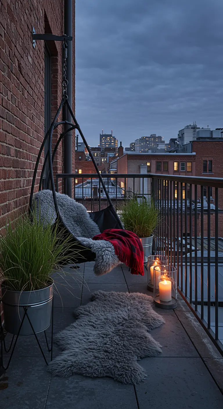 Zwarte hangstoel op industrieel balkon met grijze schapenvacht, rood geruit plaid en kaarsen.