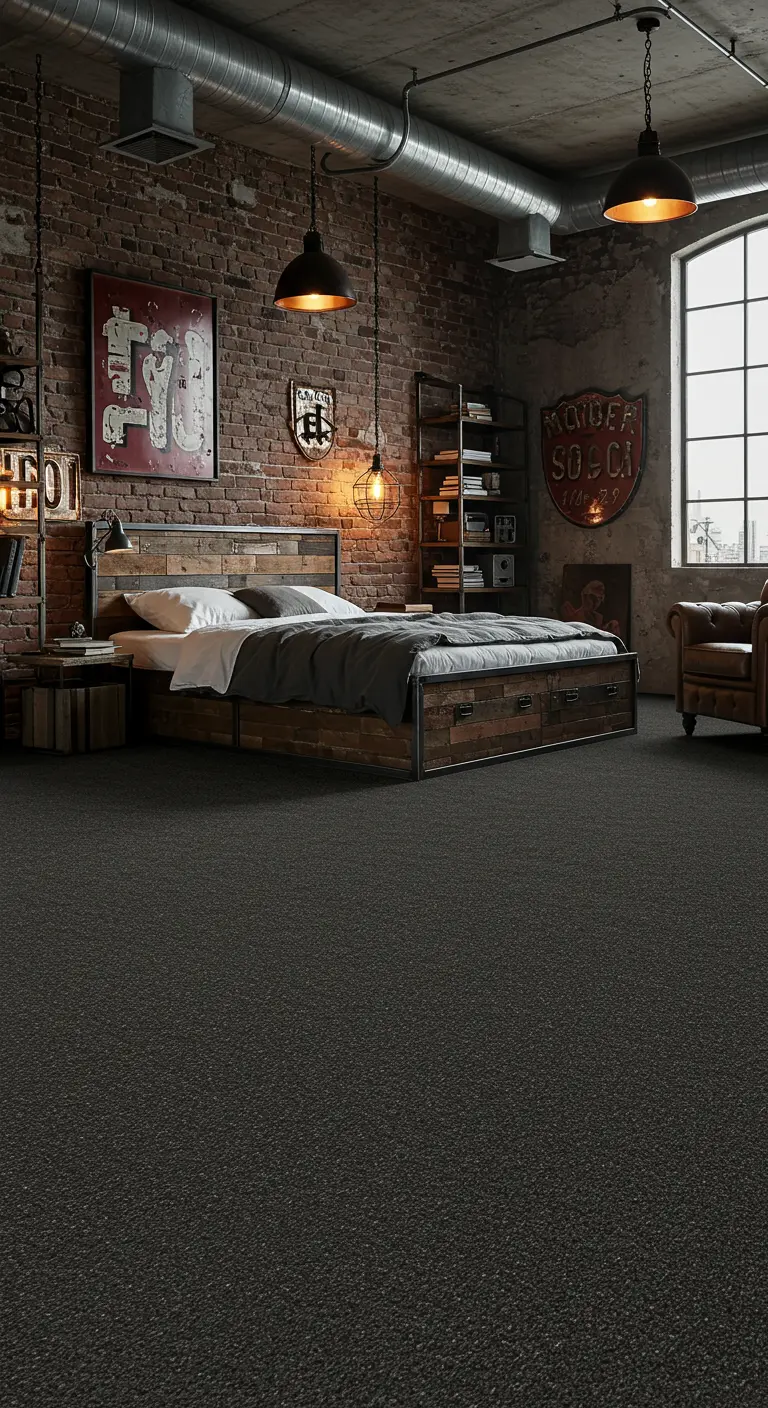 Industriële slaapkamer met bakstenen muur en een donkergrijs tapijt.