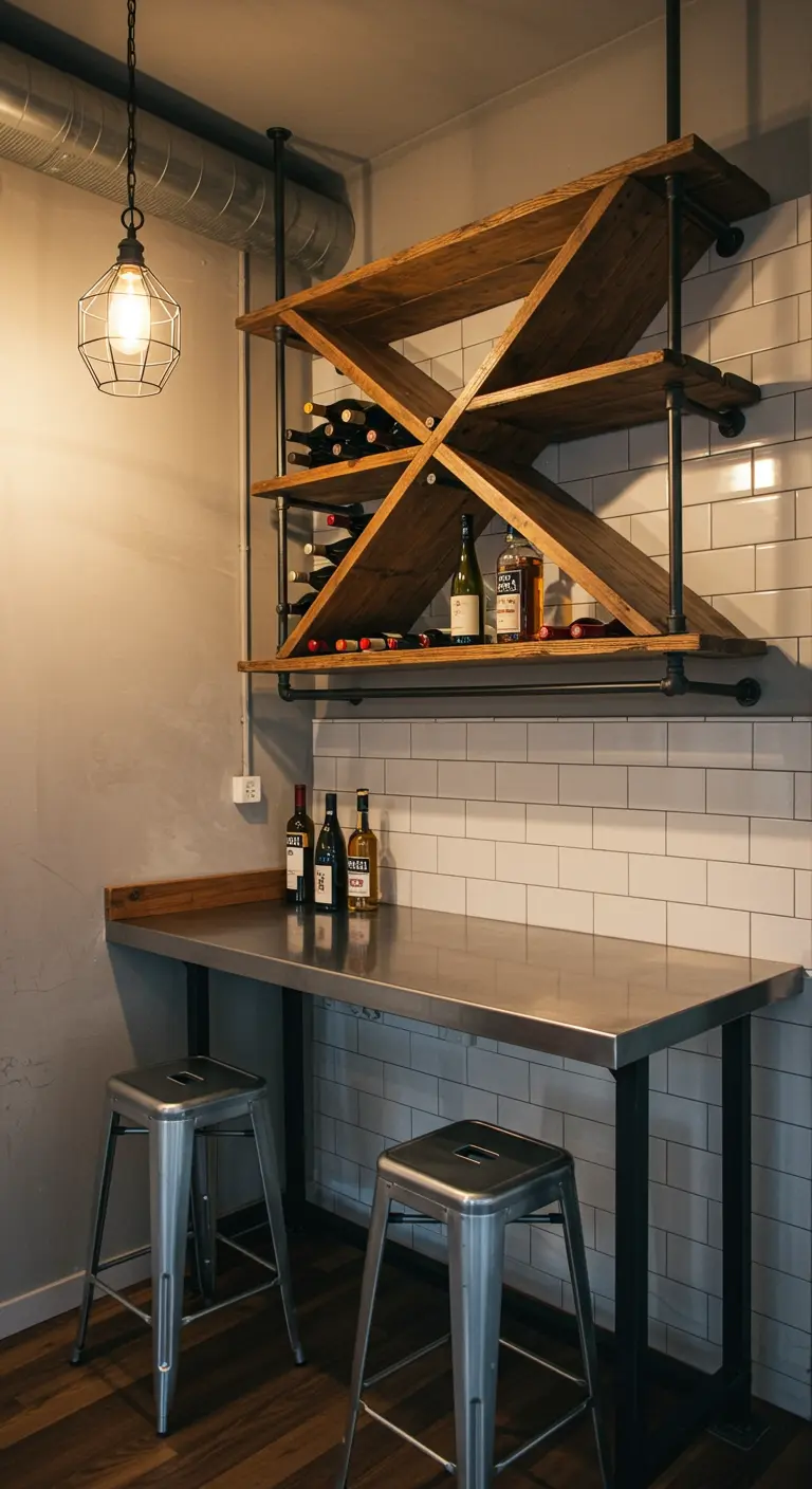 Industrieel hangend wijnrek van hout en metaal boven een bartafel met metalen krukken.