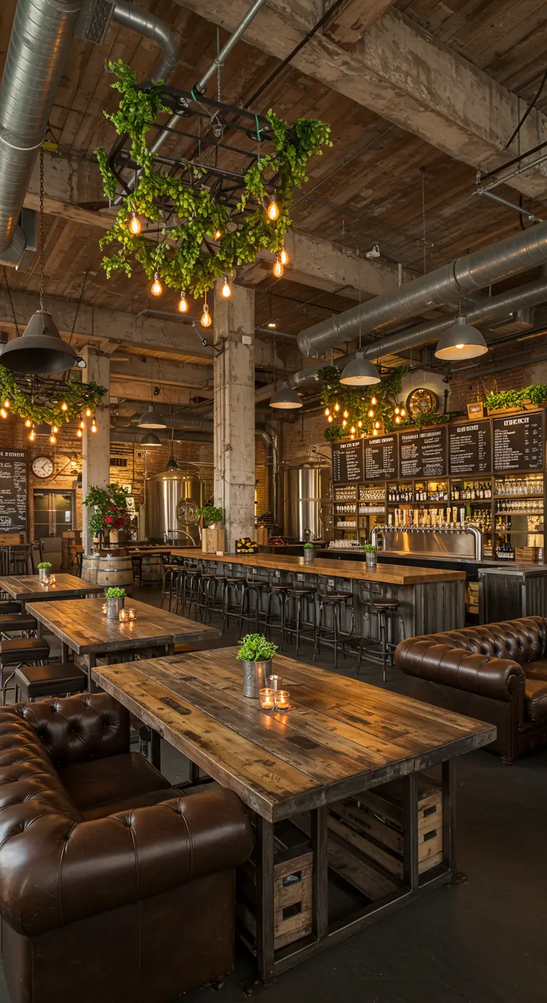 Industriële brouwerij setting met houten tafels en bierdecoraties.