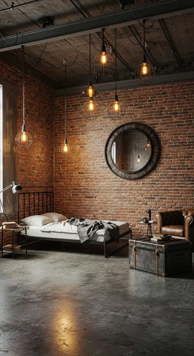 Industriële slaapkamer met bakstenen muur, ronde spiegel en ronde kooilampen.