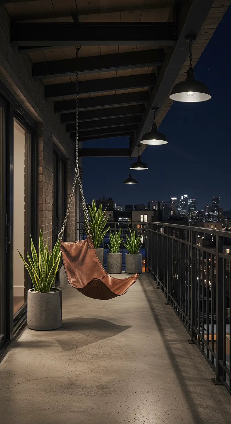 Industrieel balkon met bruinleren hangstoel, stadsverlichting en Sansevieria planten in betonnen potten.