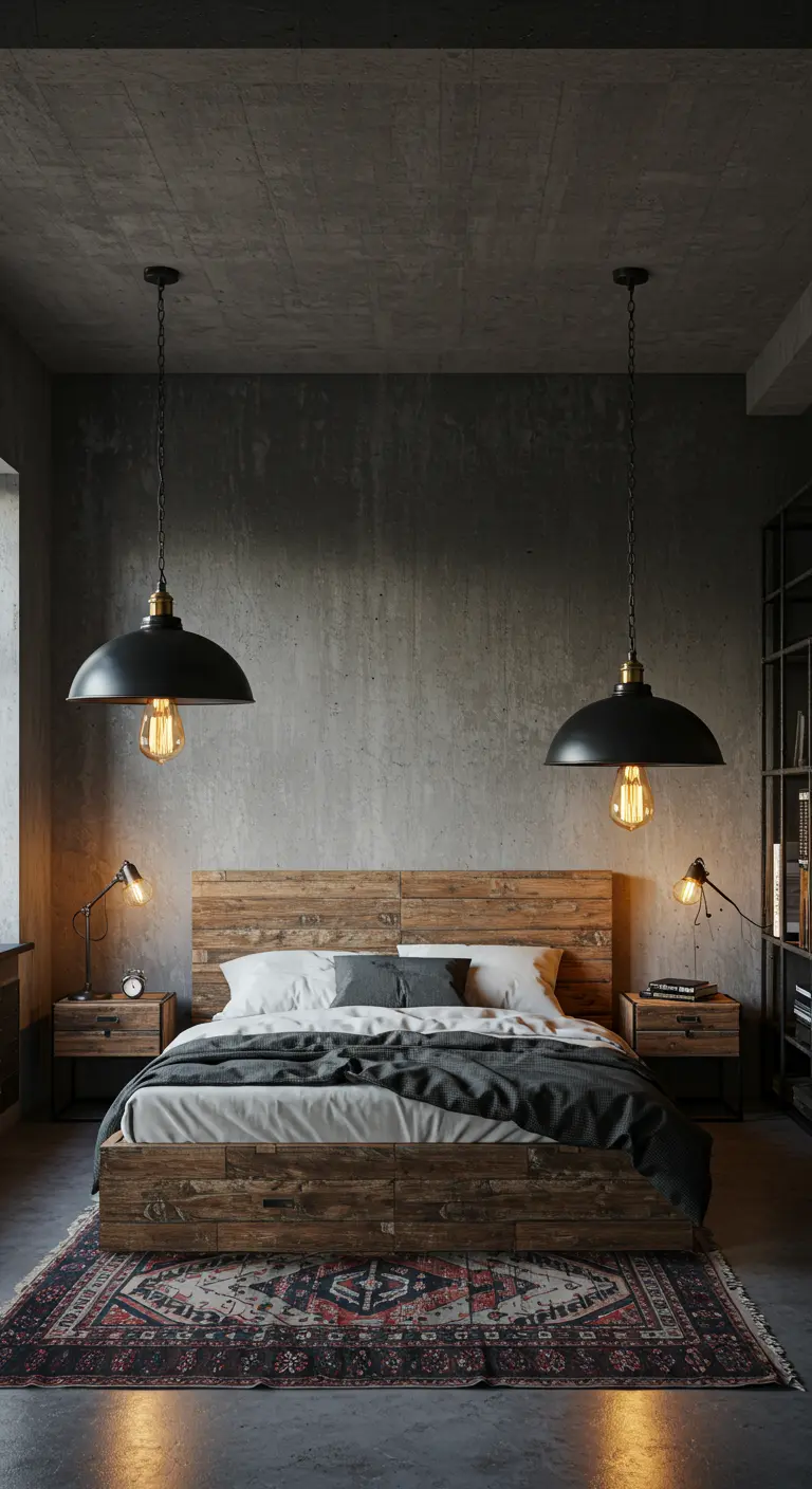 Industriële slaapkamer met betonnen muur en twee grote zwarte metalen hanglampen boven het houten bed.