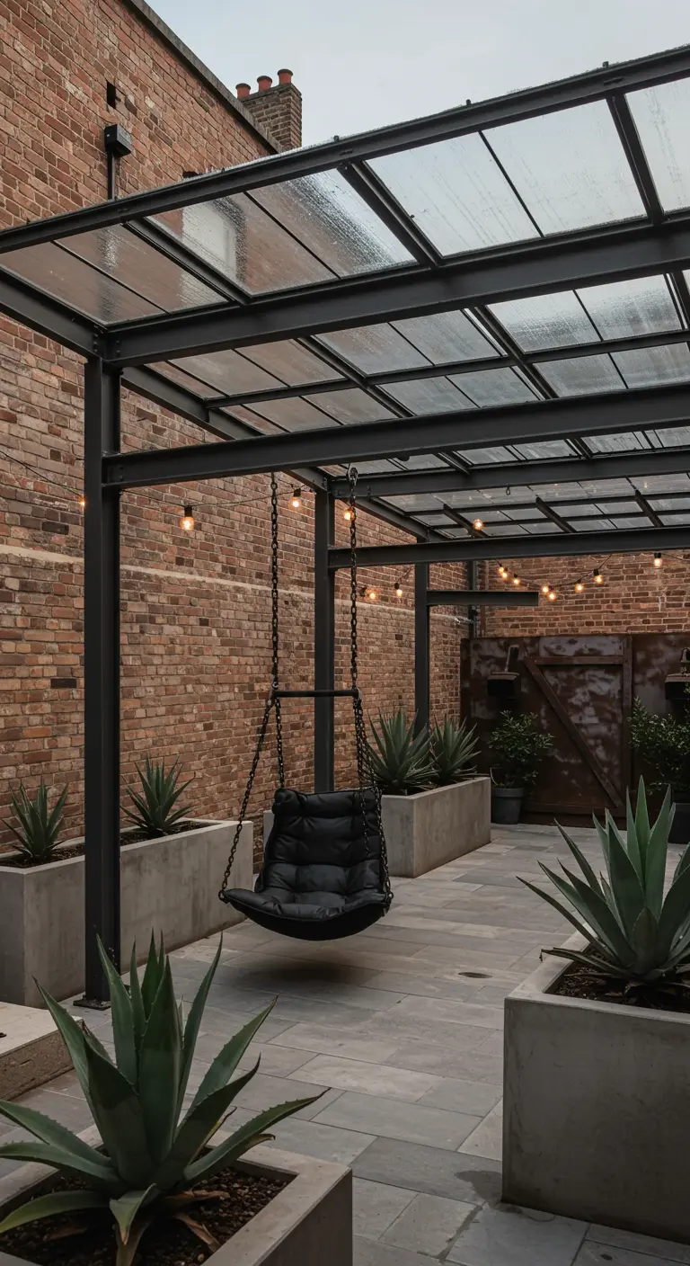 Zwarte metalen pergola met glazen dak en zwarte hangstoel boven industriële patio.