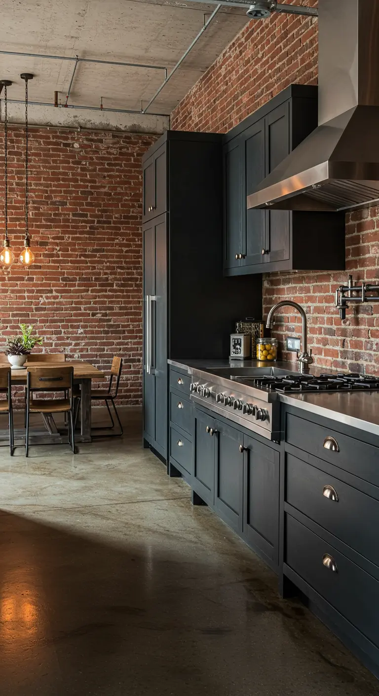 Donkere industriële keuken met zilveren komgrepen tegen een bakstenen muur.