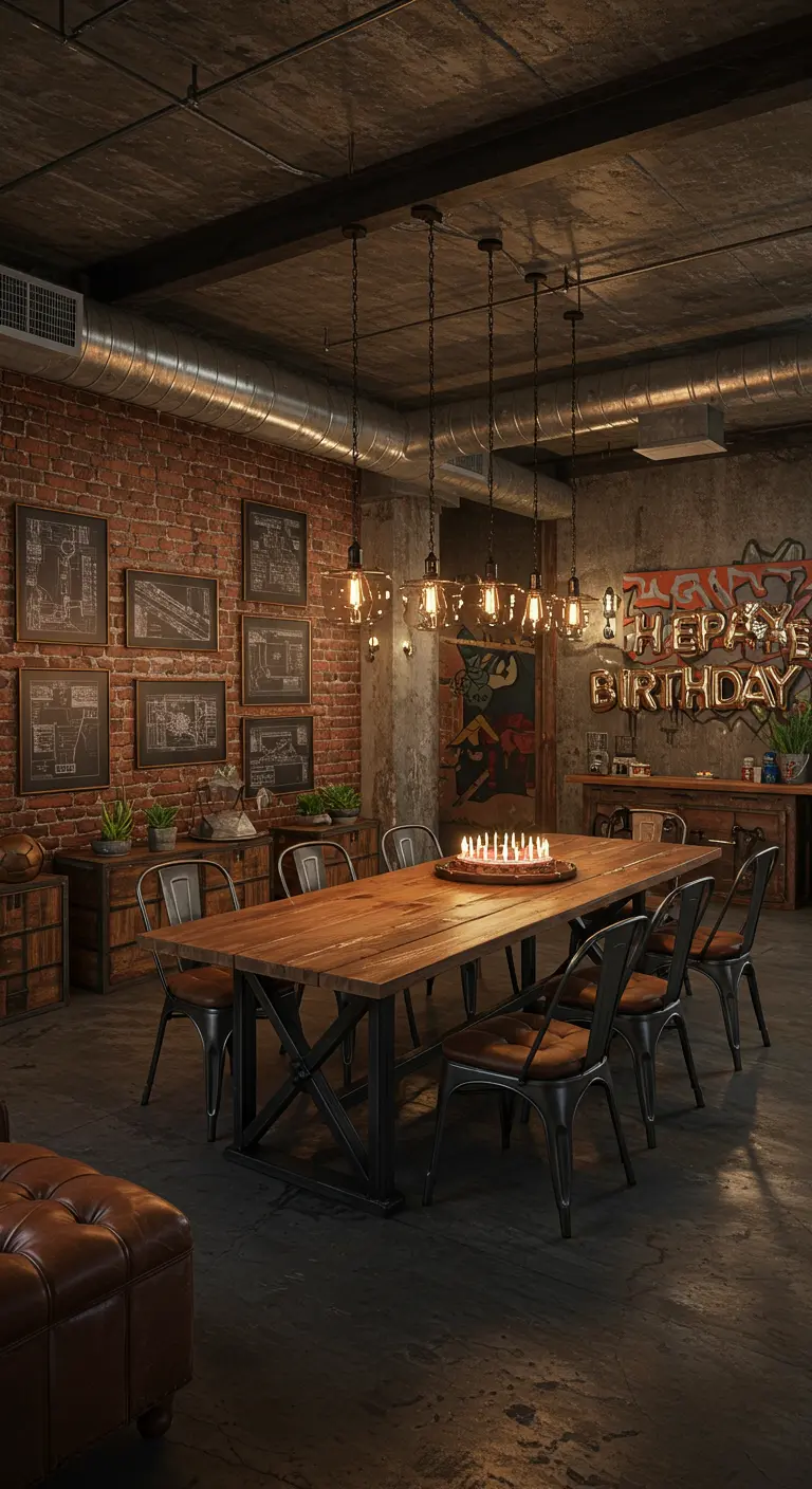 Industriële loft met bakstenen muur, lange houten tafel, metalen stoelen en neonverlichting.