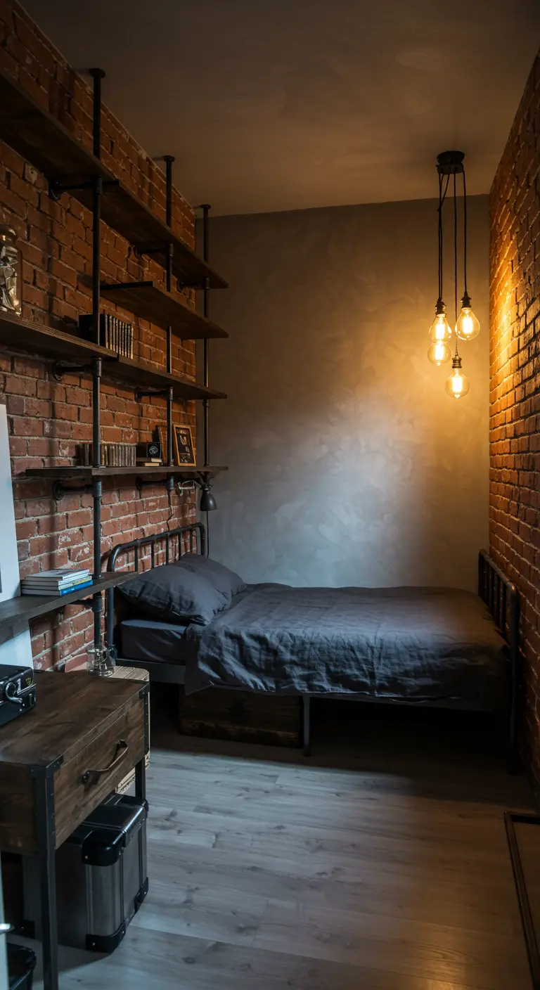 Industriële slaapkamer met bakstenen muur, metalen buizenplanken en donker beddengoed.