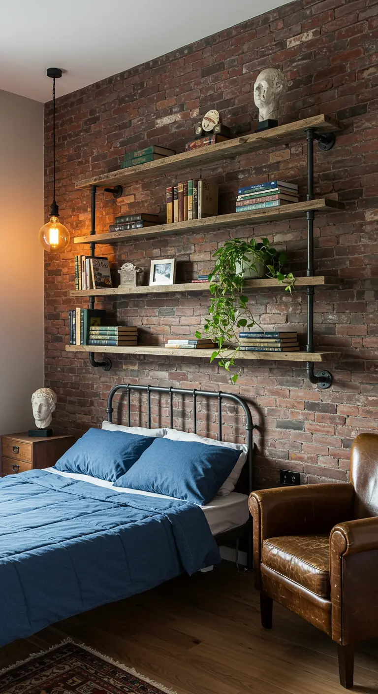 Industriële slaapkamer met bakstenen muur en wandplanken gemaakt van zwarte buizen en hout.