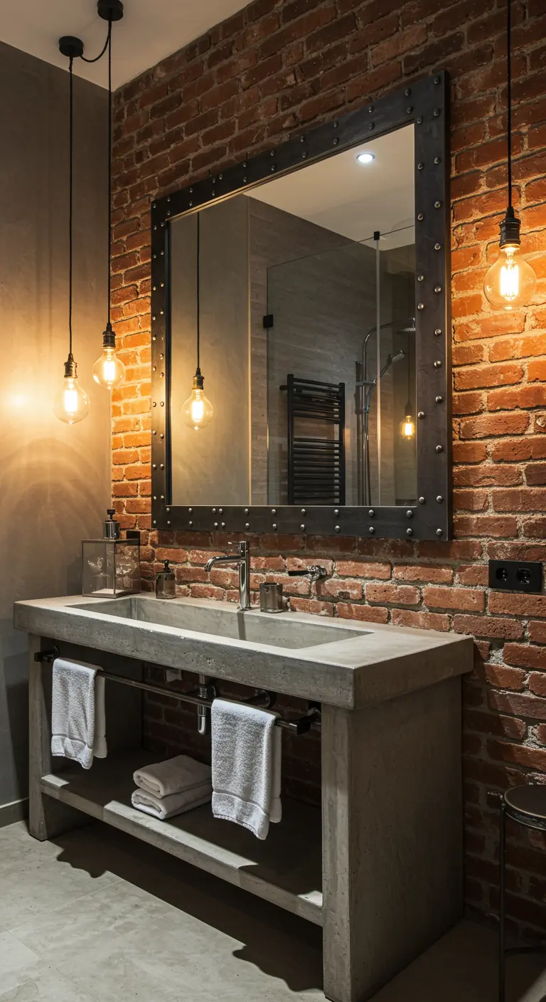 Industriële spiegel met metalen frame tegen bakstenen muur.