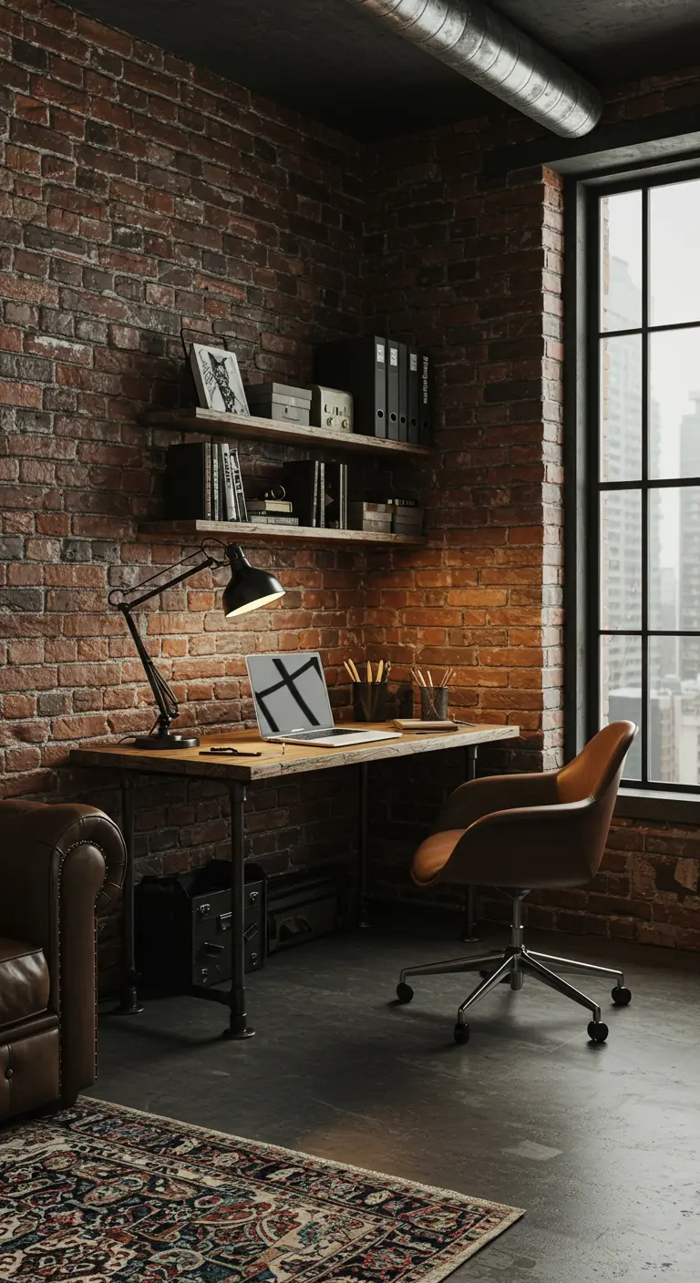 Industriële werkhoek met bakstenen muur, houten bureau, metalen poten en zwarte bureaulamp.