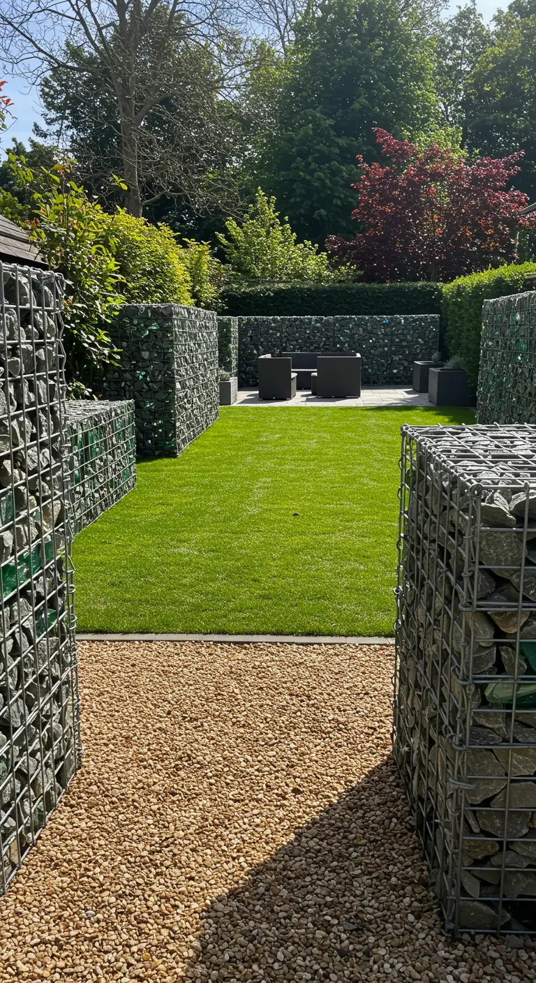 Schanskorven gevuld met stenen en groene glasbrokken als moderne tuinafscheiding.