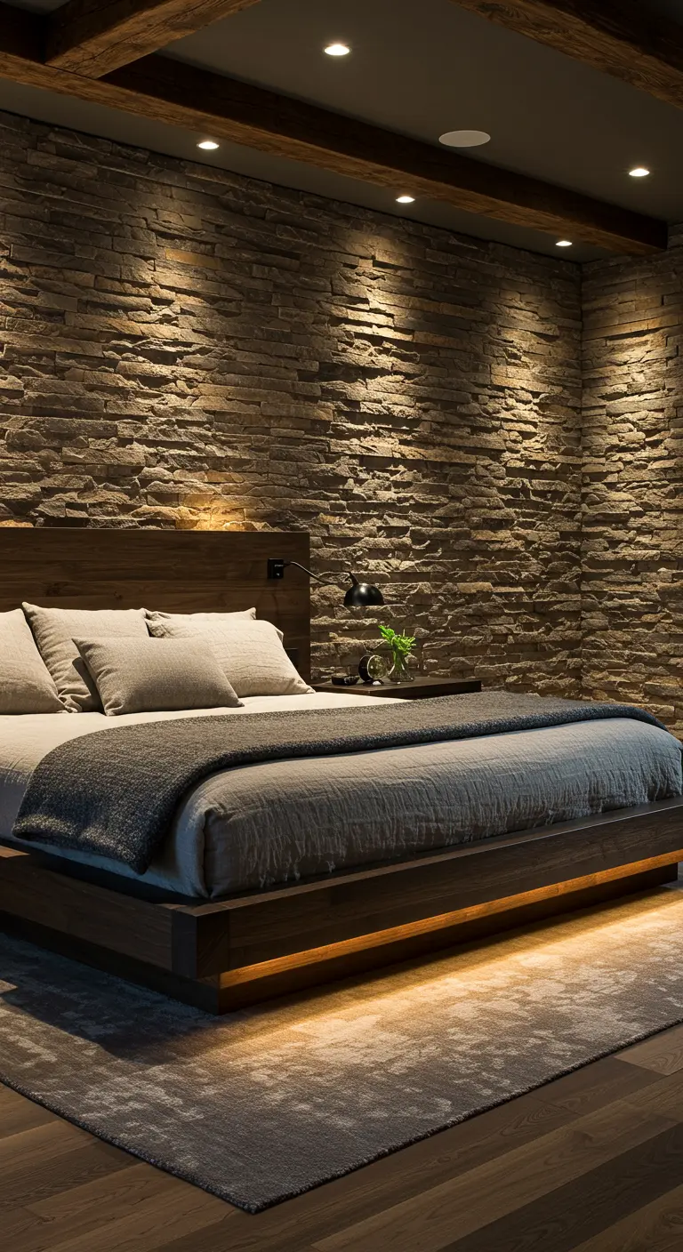 Rustieke slaapkamer met een accentmuur van gelaagde natuursteen, verlicht door spotjes van bovenaf.