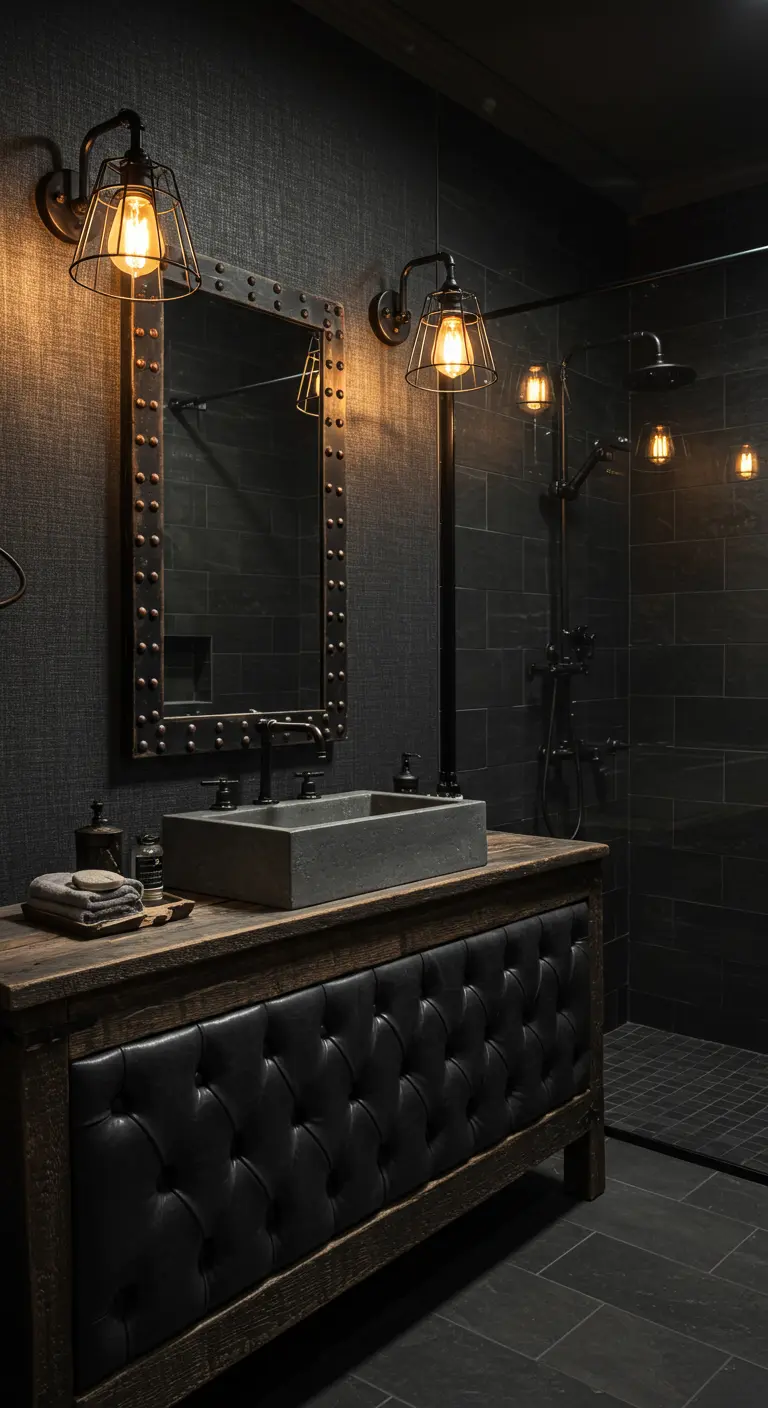 Industriële donkere badkamer met textuurmuren, leren wastafelmeubel en kooilampen.