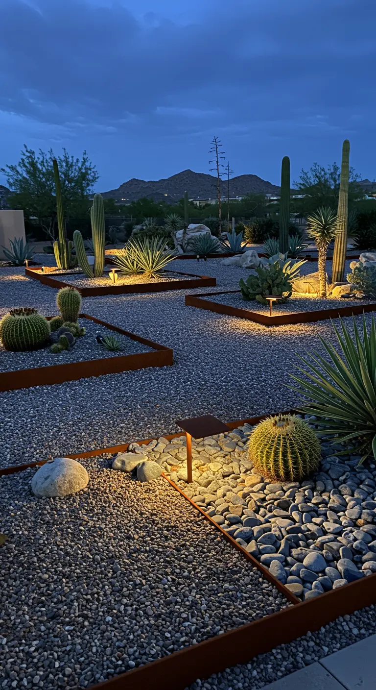 Woestijntuin bij schemering met diverse cactussen, grind, keien, en cortenstalen randen met verlichting.