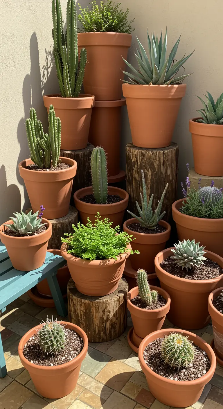Verzameling cactussen en vetplanten in terracotta potten op houten blokken.