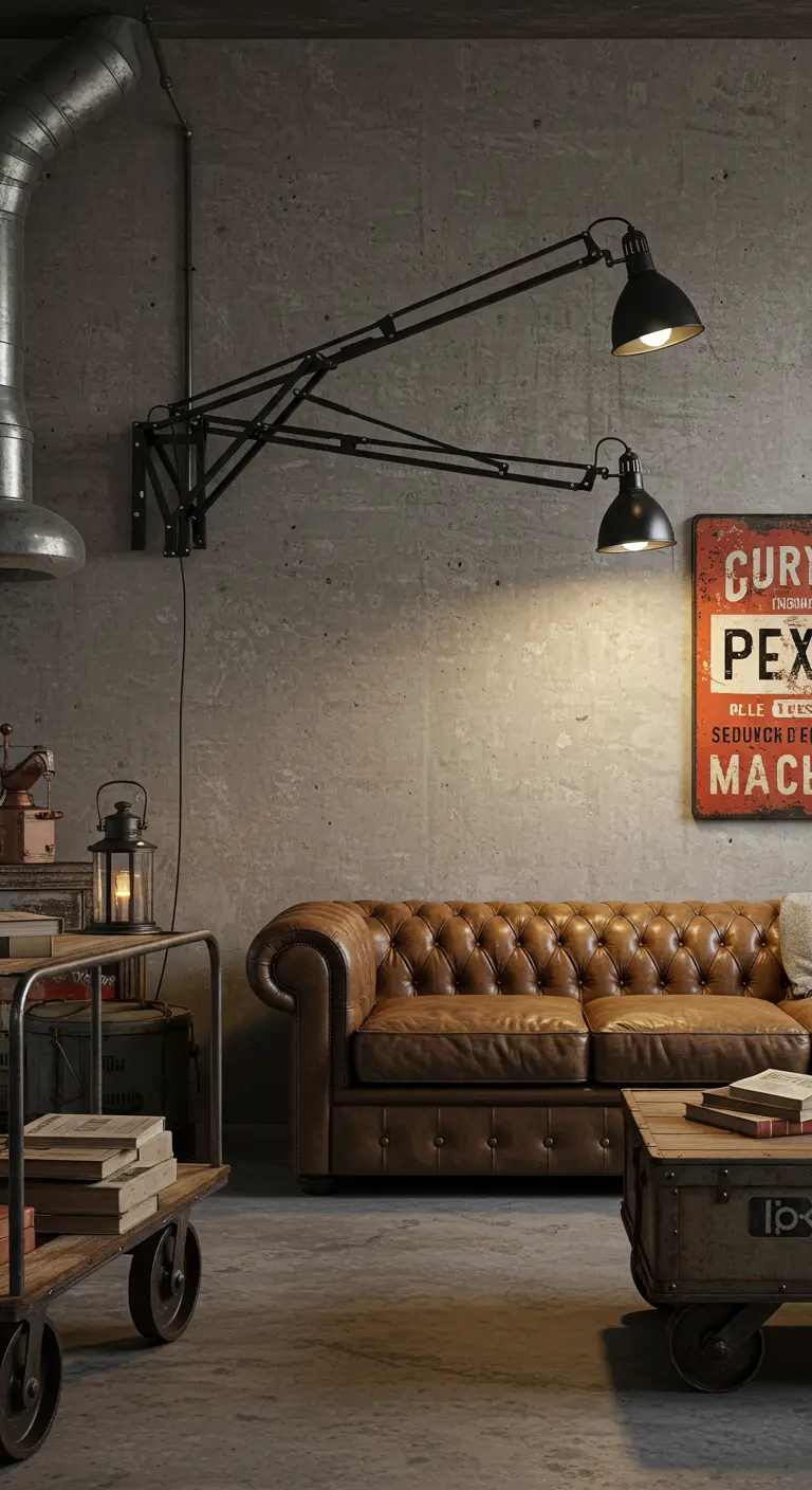 Industriële woonkamer met betonnen muur, leren bank en een grote, dubbele zwarte zwenkarm wandlamp.