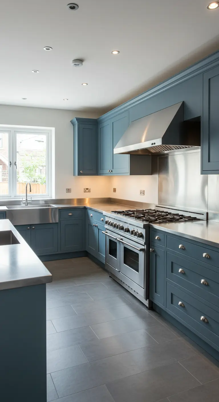 Moderne keuken met stofblauwe kasten, RVS apparatuur en grijze tegelvloer.