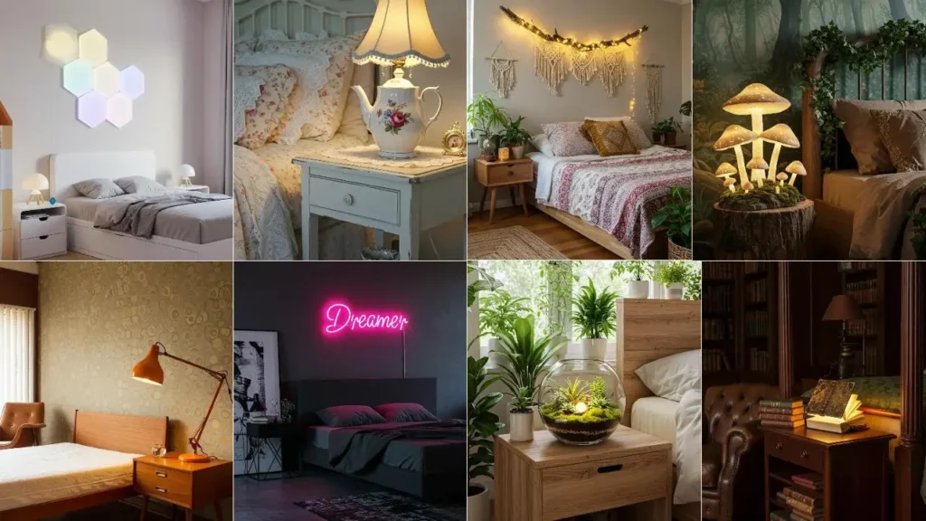 Collage van 8 creatieve nachtlampjes in slaapkamers. Van paddenstoel tot theepotlamp, voor elk wat wils!