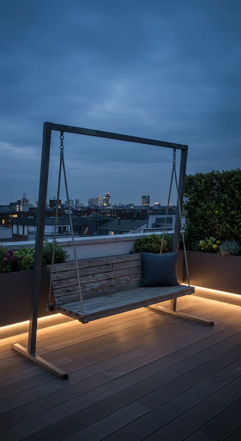 Metalen schommelbank met houten zitting en LED-verlichting op een dakterras ’s avonds.