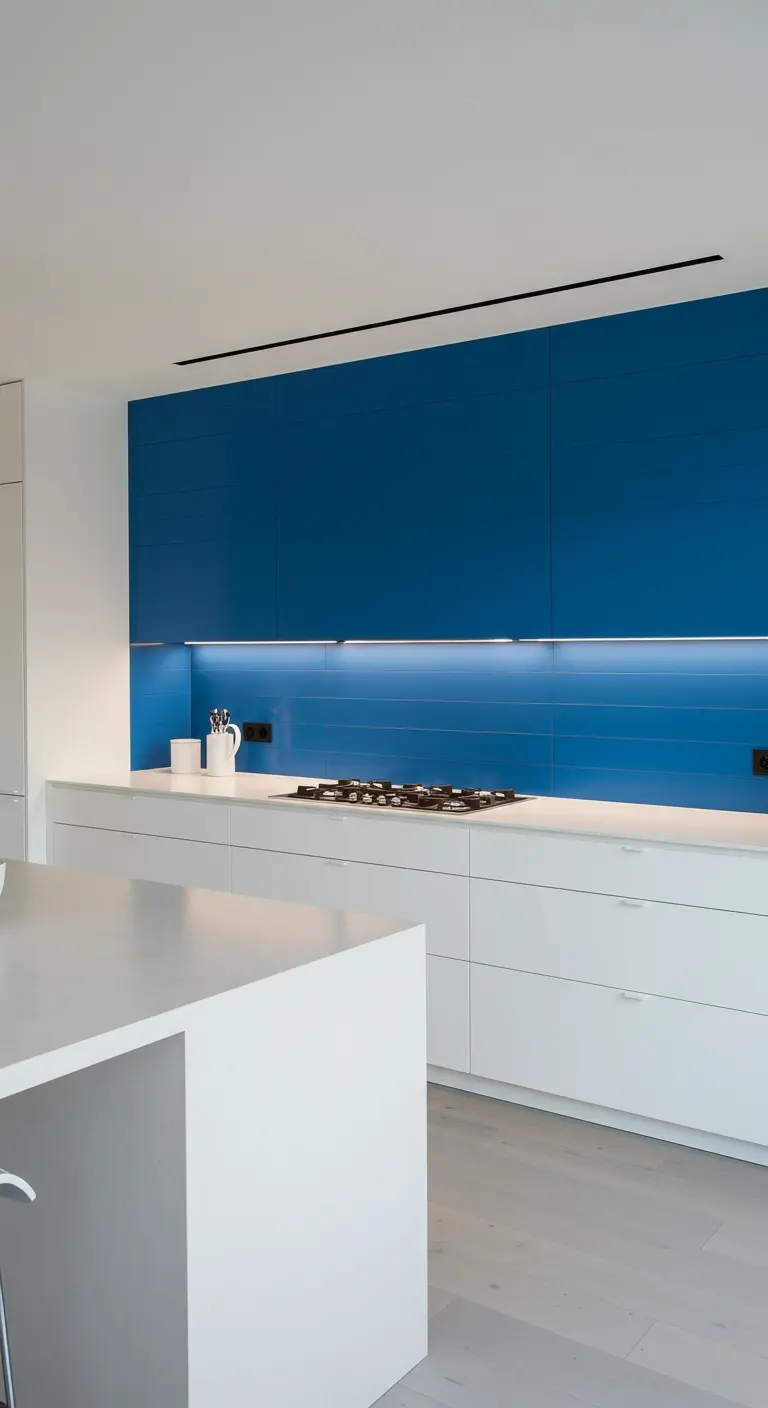 Moderne witte keuken met strakke blauwe horizontale tegels als backsplash en minimalistisch design.