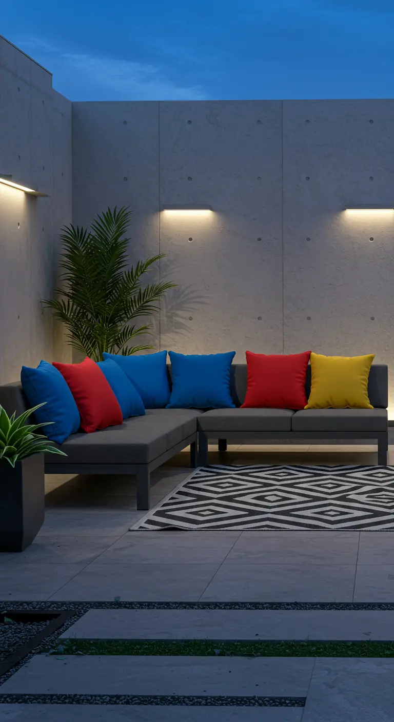 Moderne patio met grijze loungebank en kussens in rood, blauw en geel.
